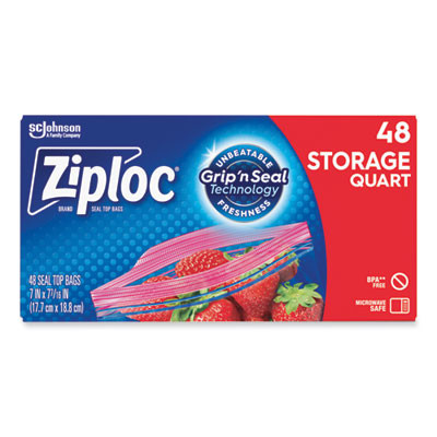 Double Zipper Storage Bags, Triple System Seal, Quart, 9.63" x 8.5", Clear, 48/Box