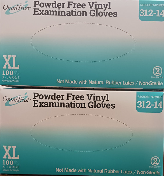 OmniTrust 312-14 Series Vinyl Powder Free Examination Glove, XL, 2 EA of 100 Gloves