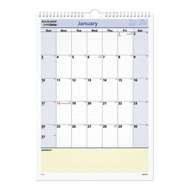 Quicknotes Wall Calendar, 12 x 17, White/Blue/Yellow Sheets, 12-Month (Jan To Dec): 2026