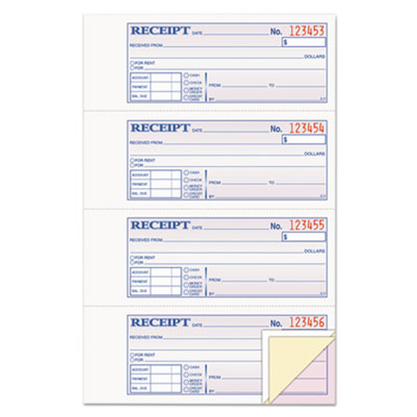 Receipt Book, Three-Part Carbonless, 7.19 x 2.75, 4 Forms/Sheet, 100 Forms Total