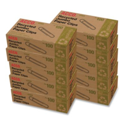 Recycled Paper Clips, Jumbo, Smooth, Silver, 100 Clips/Box, 10 Boxes/Pack