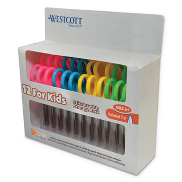 Kids' Scissors With Antimicrobial Protection, Pointed Tip, 5" Long, 2" Cut Length, Straight Assorted Color Handles, 12/Pack