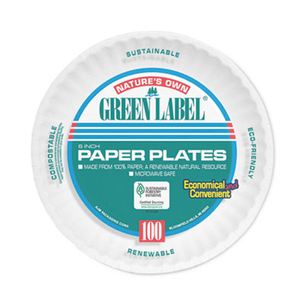 Green Label Coated Paper Plates, 6" Dia, White, 100/Pack, 12 Packs/Carton