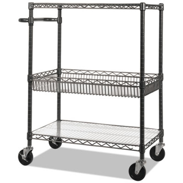 Three-Tier Wire Cart With Basket, Metal, 2 Shelves, 1 Bin, 500 Lb Capacity, 34" x 18" x 40", Black Anthracite