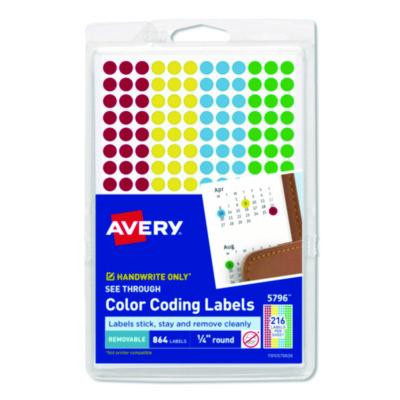 Handwrite-Only Self-Adhesive "See Through" Removable Round Color Dots, 0.25" Dia, Assorted, 216/Sheet, 4 Sheets/Pack, (5796)
