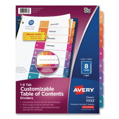 Customizable Toc Ready Index Multicolor Tab Dividers, 8-Tab, 1 To 8, 11 x 8.5, White, Traditional Color Tabs, 1 Set