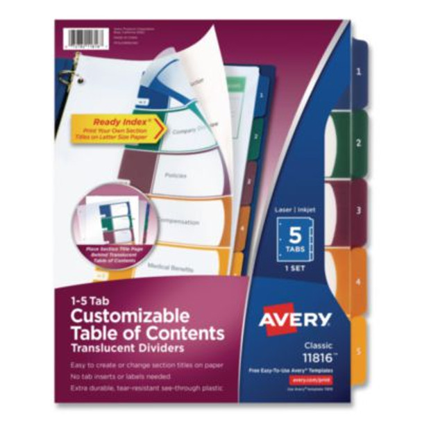 Customizable Table Of Contents Ready Index Dividers With Multicolor Tabs, 5-Tab, 1 To 5, 11 X 8.5, Translucent, 1 Set