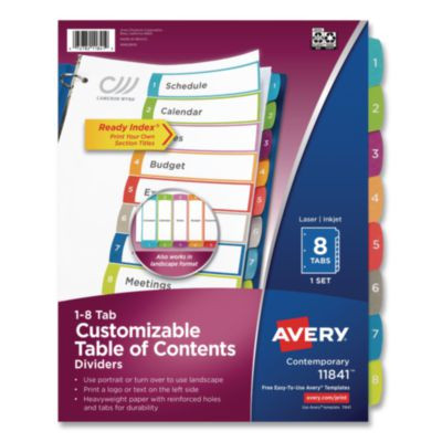 Customizable Toc Ready Index Multicolor Tab Dividers, 8-Tab, 1 To 8, 11 x 8.5, White, Contemporary Color Tabs, 1 Set