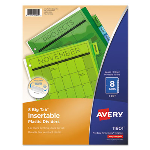 Insertable Big Tab Plastic Dividers, 8-Tab, 11 X 8.5, Assorted, 1 Set