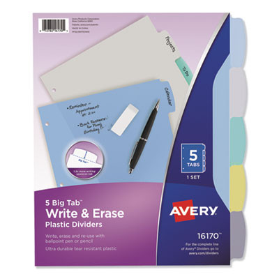 Write And Erase Big Tab Durable Plastic Dividers, 3-Hole Punched, 5-Tab, 11 x 8.5, Assorted, 1 Set