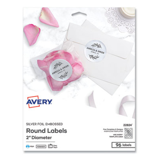 Round Labels, Inkjet Printers, 2" Dia, Silver, 12/Sheet, 8 Sheets/Pack