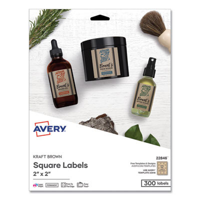 Square Print-To-The-Edge Labels, Inkjet/Laser Printers, 2 X 2, Kraft Brown, 12/Sheet, 25 Sheets/Pack