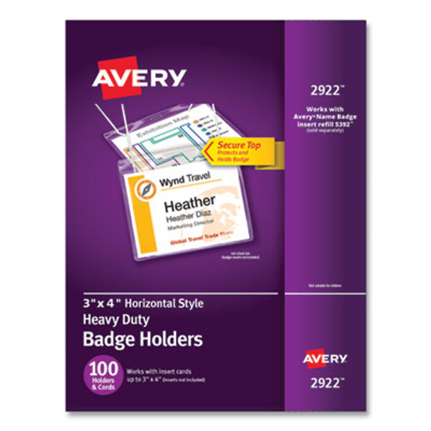Secure Top Hanging-Style Badge Holders, Horizontal, 4w X 3h, Clear, 100/Box