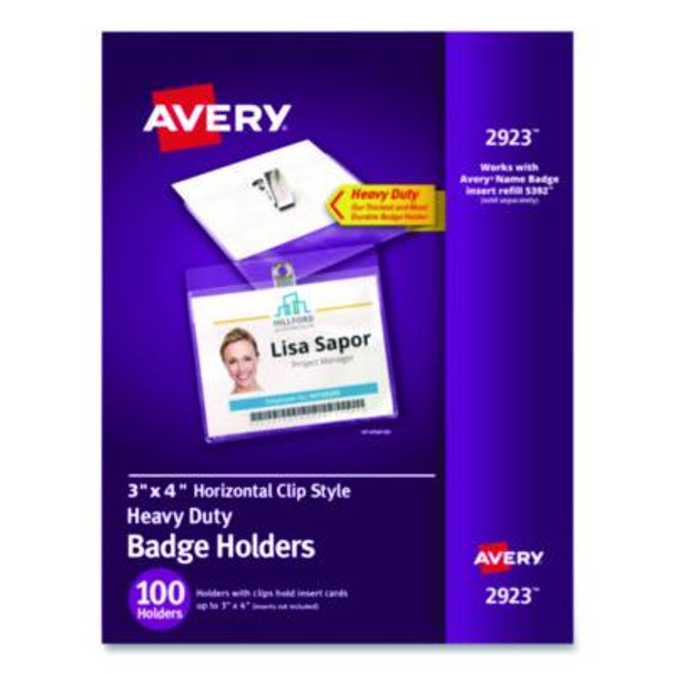 Heavy-Duty Clip-Style Badge Holders, Horizontal, 4 X 3, Clear, 100/Box