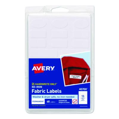 Avery Kids No-Iron Fabric Labels, Handwrite Only, Assorted Shapes And Sizes, White, 15 Labels/Sheet, 3 Sheets/Pack