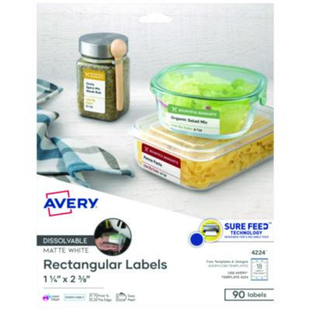 White Dissolvable Labels w/ Sure Feed, 1.25 x 2.38, White, 90/Pk