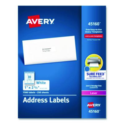 White Address Labels W/ Sure Feed Technology For Laser Printers, Laser Printers, 1 X 2.63, White, 30/Sheet, 250 Sheets/Box