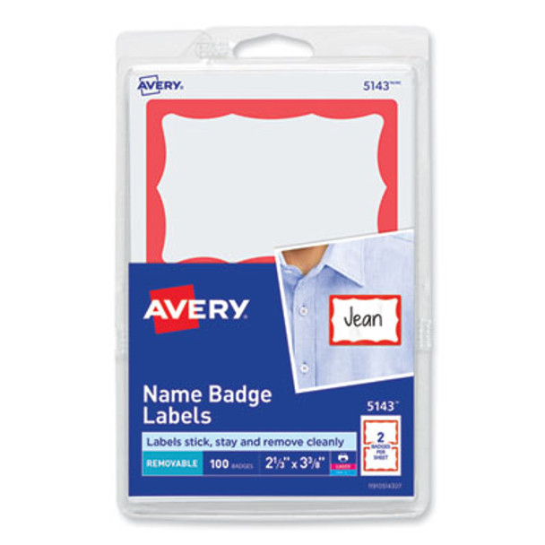 Printable Adhesive Name Badges, 3.38 X 2.33, Red Border, 100/Pack