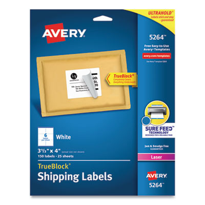 Shipping Labels W/ Trueblock Technology, Laser Printers, 3.33 X 4, White, 6/Sheet, 25 Sheets/Pack