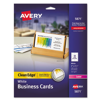 Clean Edge Business Cards, Laser, 2 x 3.5, White, 10 Cards/Sheet, 20 Sheets/Pack