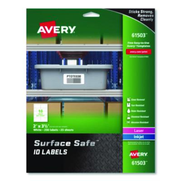 Surface Safe Id Labels, Inkjet/Laser Printers, 2 X 3.5, White, 10/Sheet, 25 Sheets/Pack