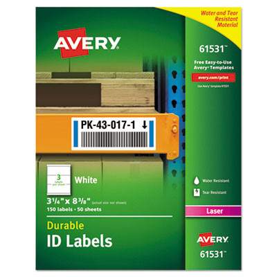 Durable Permanent Id Labels With Trueblock Technology, Laser Printers, 3.25 X 8.38, White, 3/Sheet, 50 Sheets/Pack
