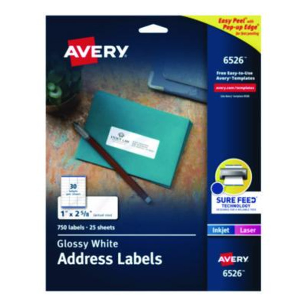 Glossy White Easy Peel Mailing Labels W/ Sure Feed Technology, Laser Printers, 1 X 2.63, White, 30/Sheet, 25 Sheets/Pack