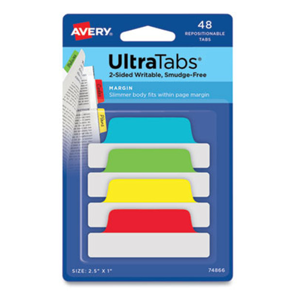 Ultra Tabs Repositionable Tabs, Margin Tabs: 2.5" x 1", 1/5-Cut, Assorted Colors, 48/Pack