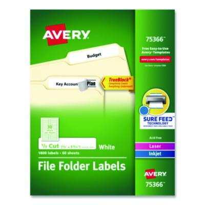 Permanent Trueblock File Folder Labels With Sure Feed Technology, 0.66 X 3.44, White, 30/Sheet, 60 Sheets/Box
