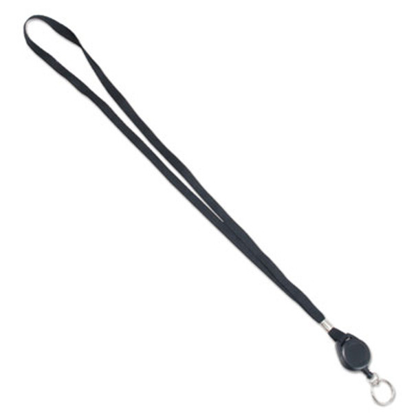 Lanyards With Retractable Id Reels, Metal Split Ring Fastener, 34" Long, Black, 12/Pack