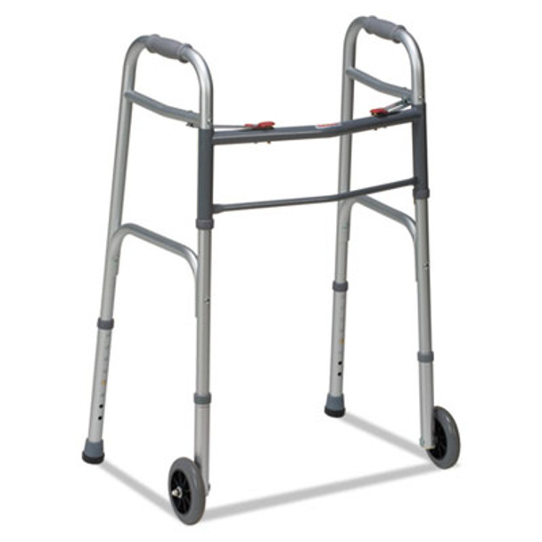 Two-Button Release Folding Walker With Wheels, Adjusts 32" To 38", 250 Lb Capacity, Silver/Gray