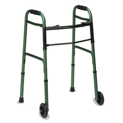 Two-Button Release Folding Walker With Wheels, Adjusts 32" To 38", 250 Lbs Capacity, Green/Green Ice