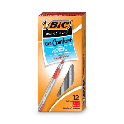 Round Stic Grip Xtra Comfort Ballpoint Pen, Easy-Glide System, Stick, Medium 1.2 Mm, Red Ink, Gray/Red Barrel, Dozen