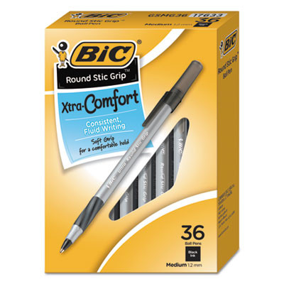 Round Stic Grip Xtra Comfort Ballpoint Pen Value Pack, Easy-Glide, Stick, Medium 1.2Mm, Black Ink, Gray/Black Barrel, 36/Pack