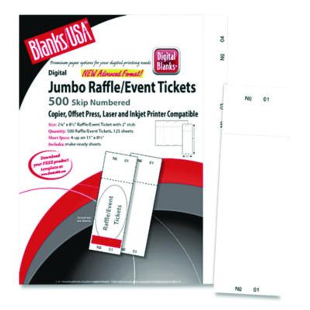 Jumbo Micro-Perforated Event/Raffle Ticket, 90 Lb Index Weight, 8.5 x 11, White, 4 Tickets/Sheet, 250 Sheets/Pack