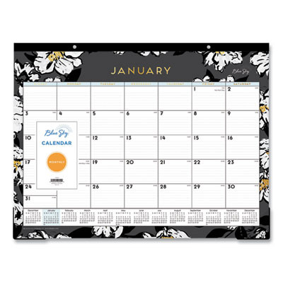 Baccara Dark Desk Pad, Floral Artwork, 22 x 17, White/Black/Gold Sheets, Black Binding, 12-Month (Jan To Dec): 2026
