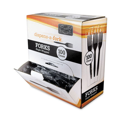 Dispens-a-Fork, Individually Wrapped, Mediumweight Fork, Plastic, Black, 100/Box