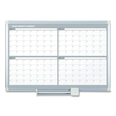Magnetic Dry Erase Calendar Board, Four-Month Planning/Scheduling, 48" x 36", White Surface, Satin Aluminum Frame