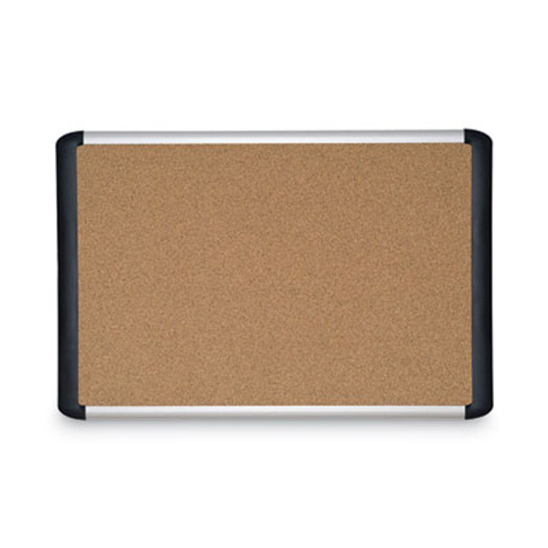 Tech Cork Board, 48" x 36", Tan Surface, Silver/Black Aluminum Frame