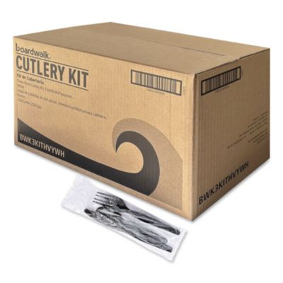 Three-Piece Polystyrene Cutlery Kit, Heavyweight, Fork/Knife/Spoon, Plastic, Black, 250/Carton