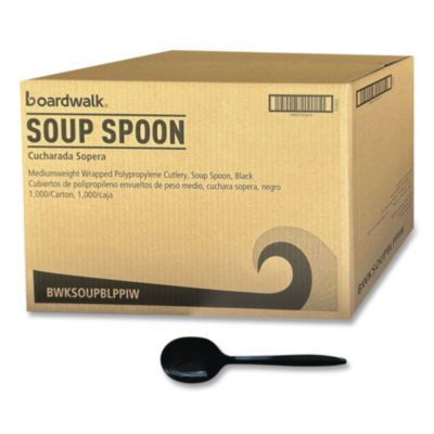Mediumweight Wrapped Polypropylene Cutlery, Soup Spoon, Plastic, Black, 1,000/Carton