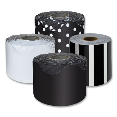 Rolled Scalloped Border Set, (2) Solid Colors, (1) Horizontal Stripes, (1) Polka Dots, 2.25" x 65 Ft, Assorted Colors, 4/Set
