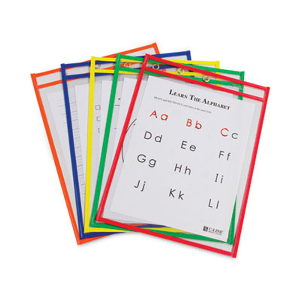 Reusable Dry Erase Pockets, Super Heavy-Duty, Top Load 9 x 12 Insert, Clear Front, Assorted Border Colors, 10/Pack