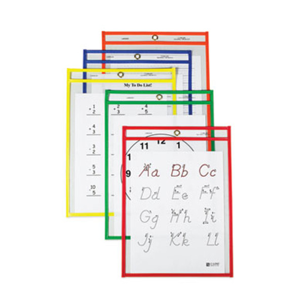 Reusable Dry Erase Pockets, Super Heavy-Duty, Top Load 9 x 12 Insert, Clear Front, Assorted Border Colors, 25/Box