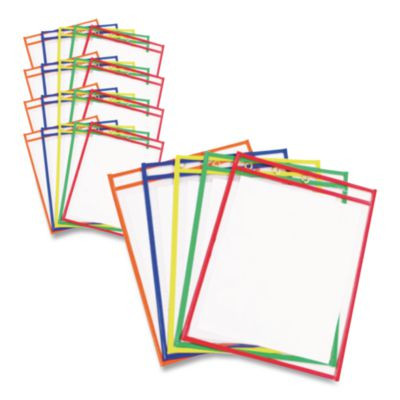 Reusable Dry Erase Pockets, Super Heavy-Duty, Top Load 9 x 12 Insert, Clear Front, Assorted Border Colors, 25/Box