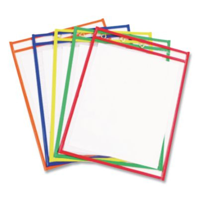 Reusable Dry Erase Pockets, Super Heavy-Duty, Top Load 9 x 12 Insert, Clear Front, Assorted Border Colors, 5/Pack
