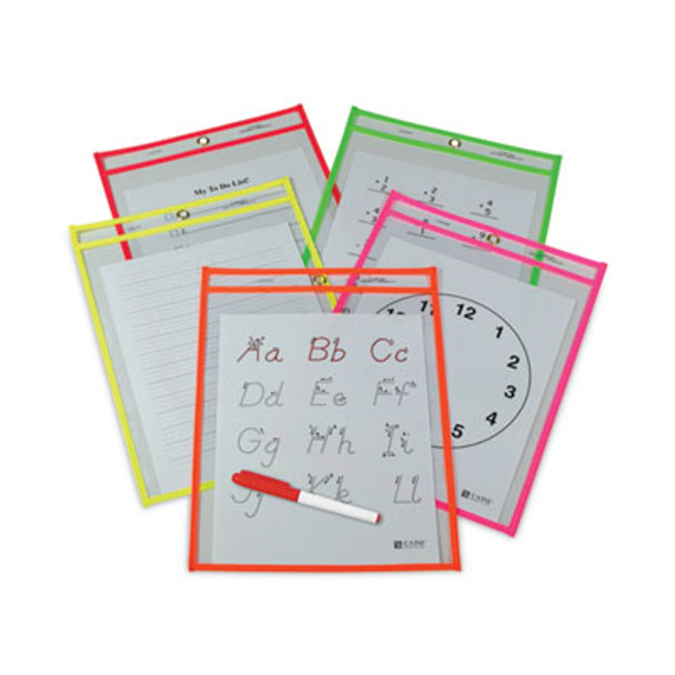 Reusable Dry Erase Pockets, Super Heavy-Duty, Top Load 9 x 12 Insert, Clear Front, Assorted Neon Border, 25/Box