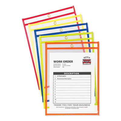 Neon Stitched Shop Ticket Holders, Super Heavy-Duty, Top Load 9 x 12 Insert, Clear Front, Assorted Neon Border Colors, 10/Box