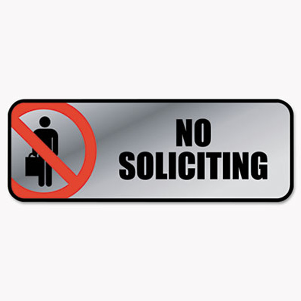 Brushed Metal Office Sign, No Soliciting, 9 X 3, Silver/Red