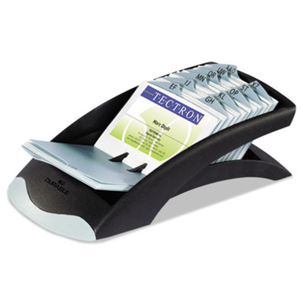 Visifix Desk Business Card File, Holds 200 2.88 X 4.13 Cards, 5 X 9.31 X 3.56, Plastic, Graphite/Black